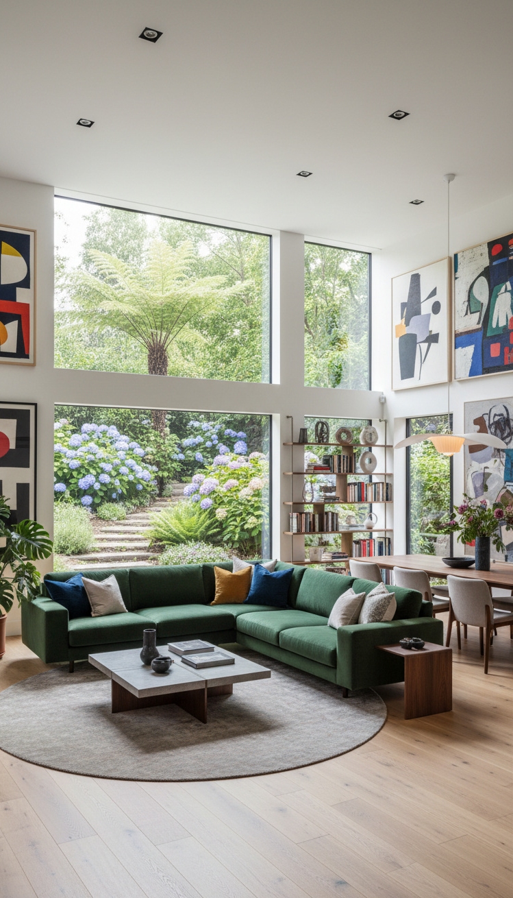 green living room - Green Sofa, Garden View Living - The green sectional anchors this living room, its...