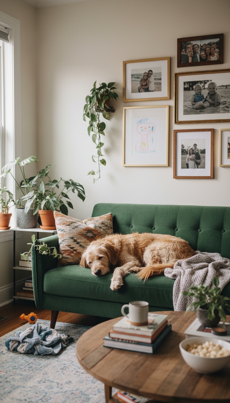 green living room - Green Sofa, Cozy Living Room - The green sofa anchors this room with its...