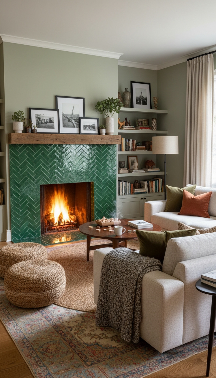 green living room - Green Fireplace, Cozy Living Room - The green tile fireplace grabs your attention right...