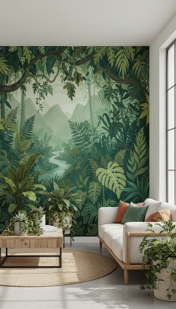 green living room - Green Wall Murals: Nature Indoors - The green wall mural grabs your attention right...