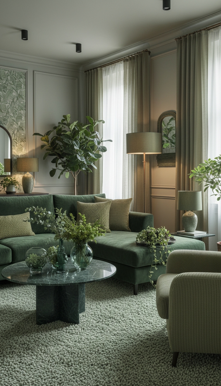 green living room - Green Living Room: A Textured Hue - These velvet cushions invite you to sink in....