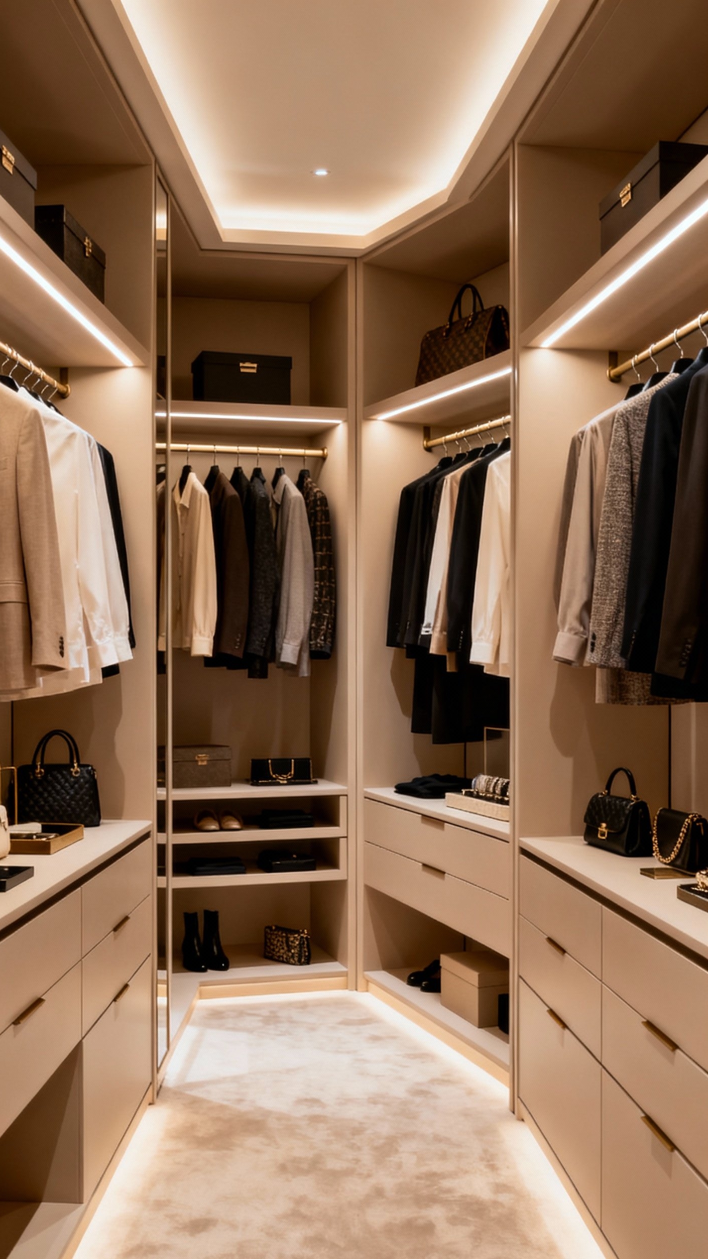 luxury penthouse bedroom - Custom Shelves Display Luxury Clothing - These custom shelves display clothing and accessories in...