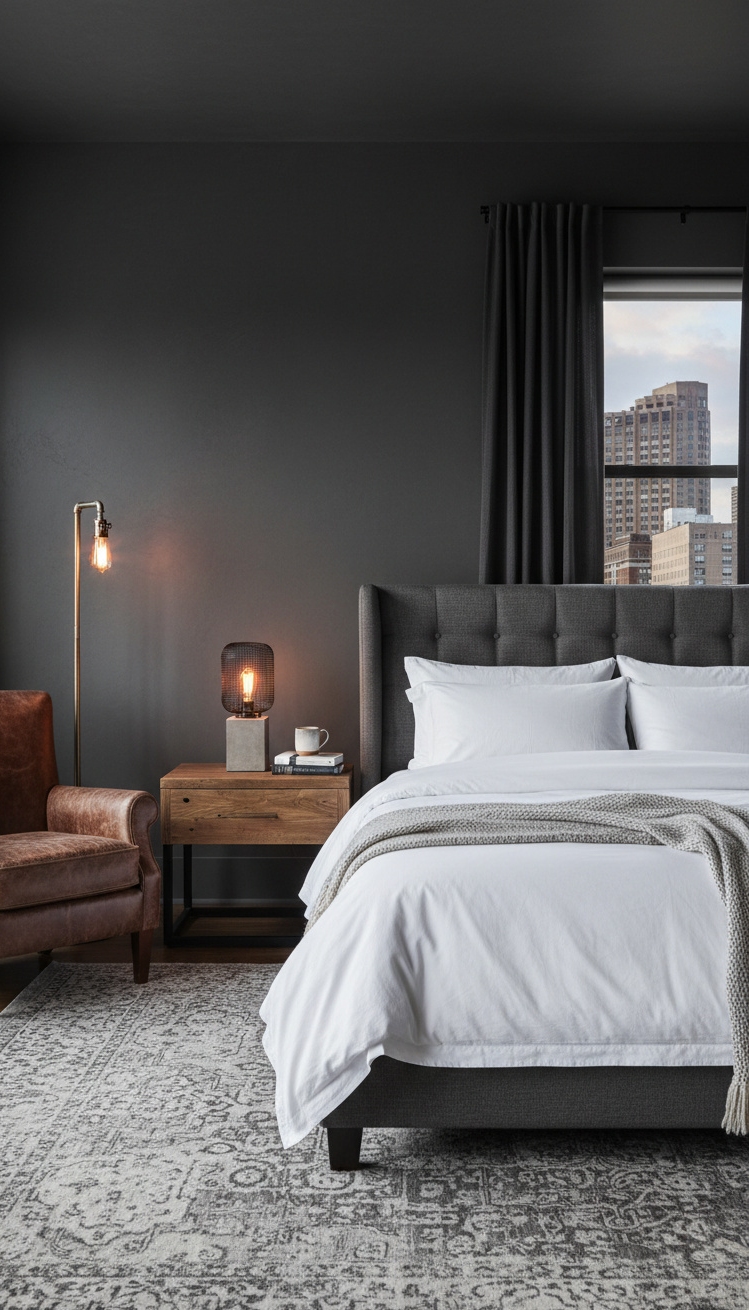 white and gray bedroom - Dark Walls Create Cozy Bedroom Vibe - These dark gray walls create a seriously cozy...