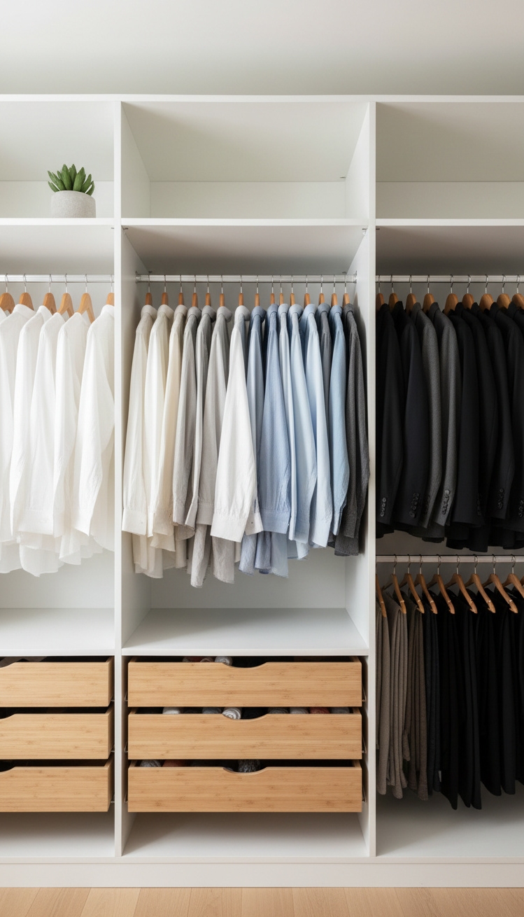 bedroom closet organization - Minimalist Color Gradient Closet - The color gradient clothes steal the show, whites...