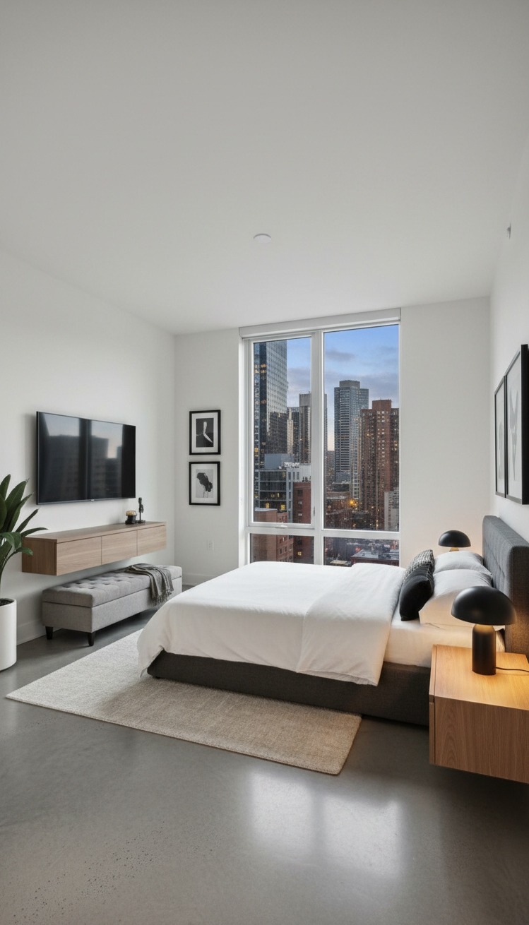 white and gray bedroom - Cool Concrete Floors, Soft Gray Tone - These concrete floors set a cool, grounded tone....