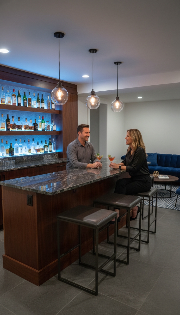 cool basement ideas - Basement Bar: Dark Wood & Light - These pendant lights cast a warm glow on...