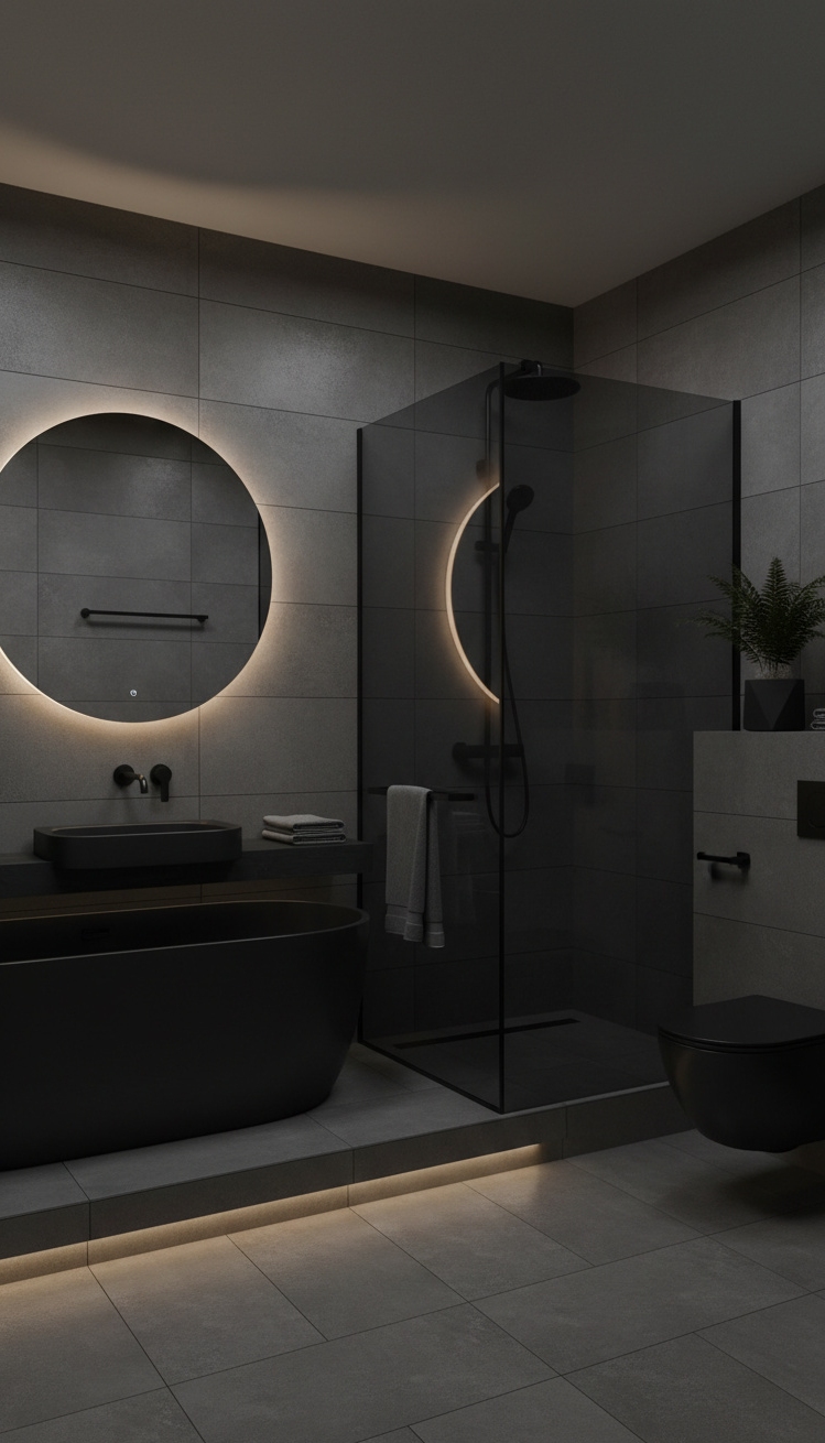 modern bathroom tiles - Dark Tiles: Modern Bathroom Drama - These dark gray tiles set a calm mood....