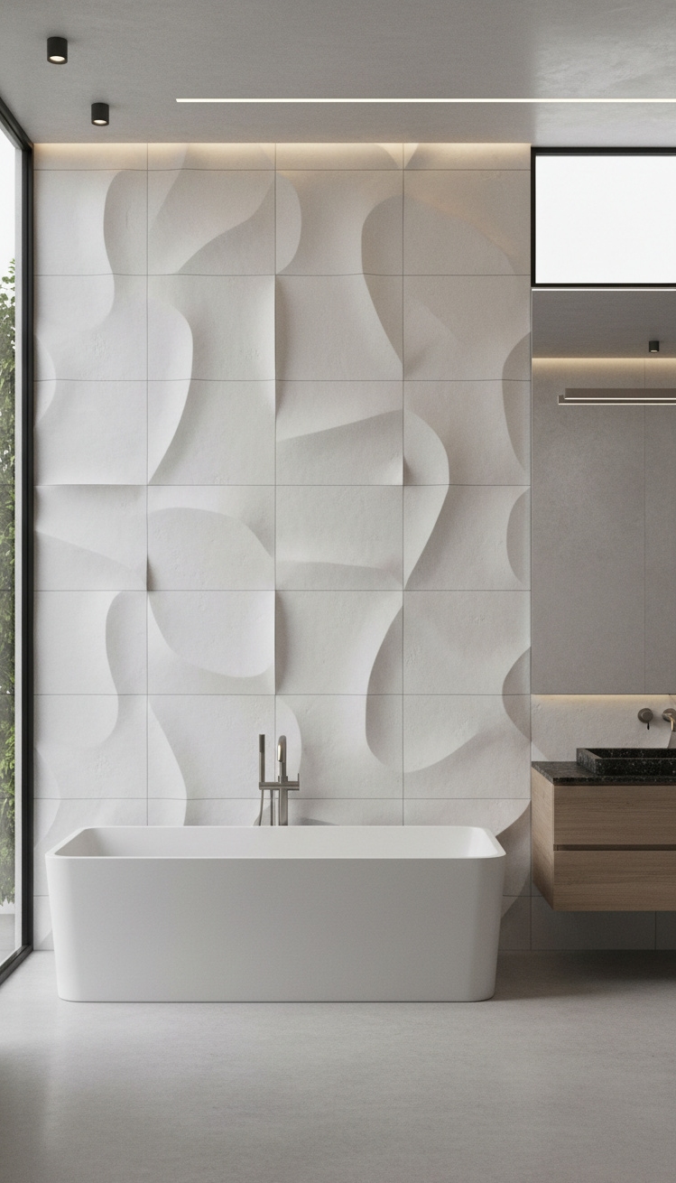 modern bathroom tiles - Sculptural Style: Modern Bathroom Tiles - These 3D tiles bring the drama. Light catches...