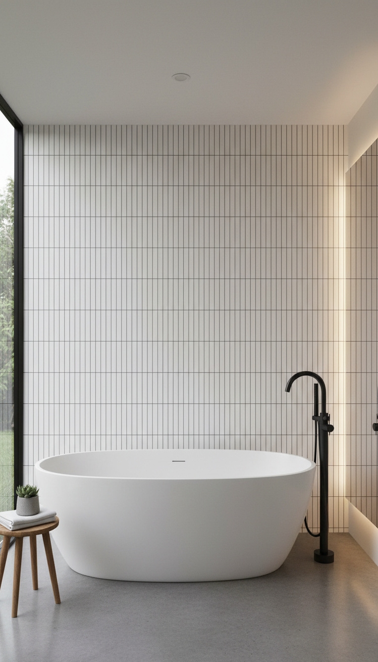 modern bathroom tiles - Striking Grout Lines, Modern Tile Bath - These stacked tiles create a striking visual rhythm....