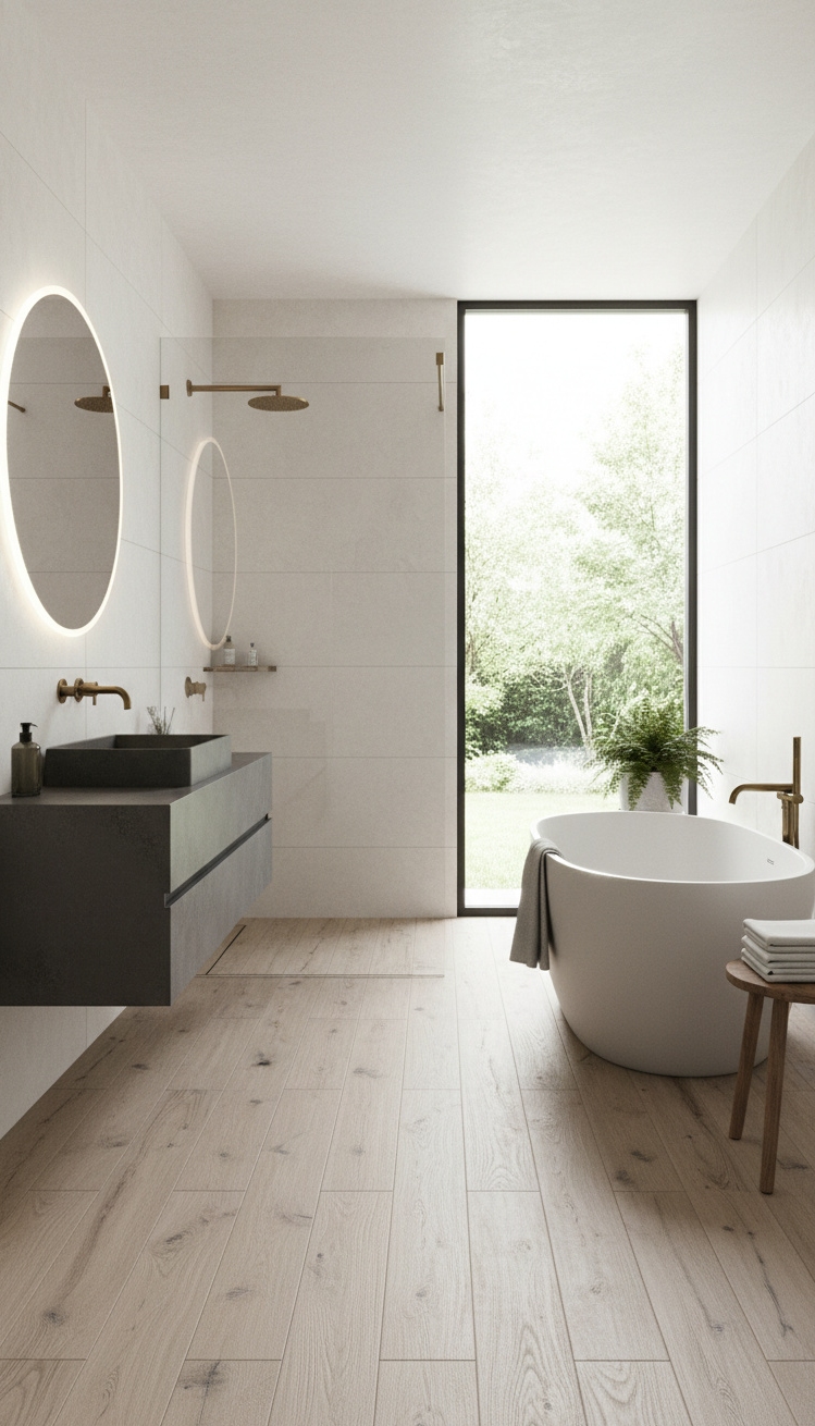 modern bathroom tiles - Wood-Look Tiles: Warm Bathroom Designs - These wood-look tiles ground the bathroom with a...