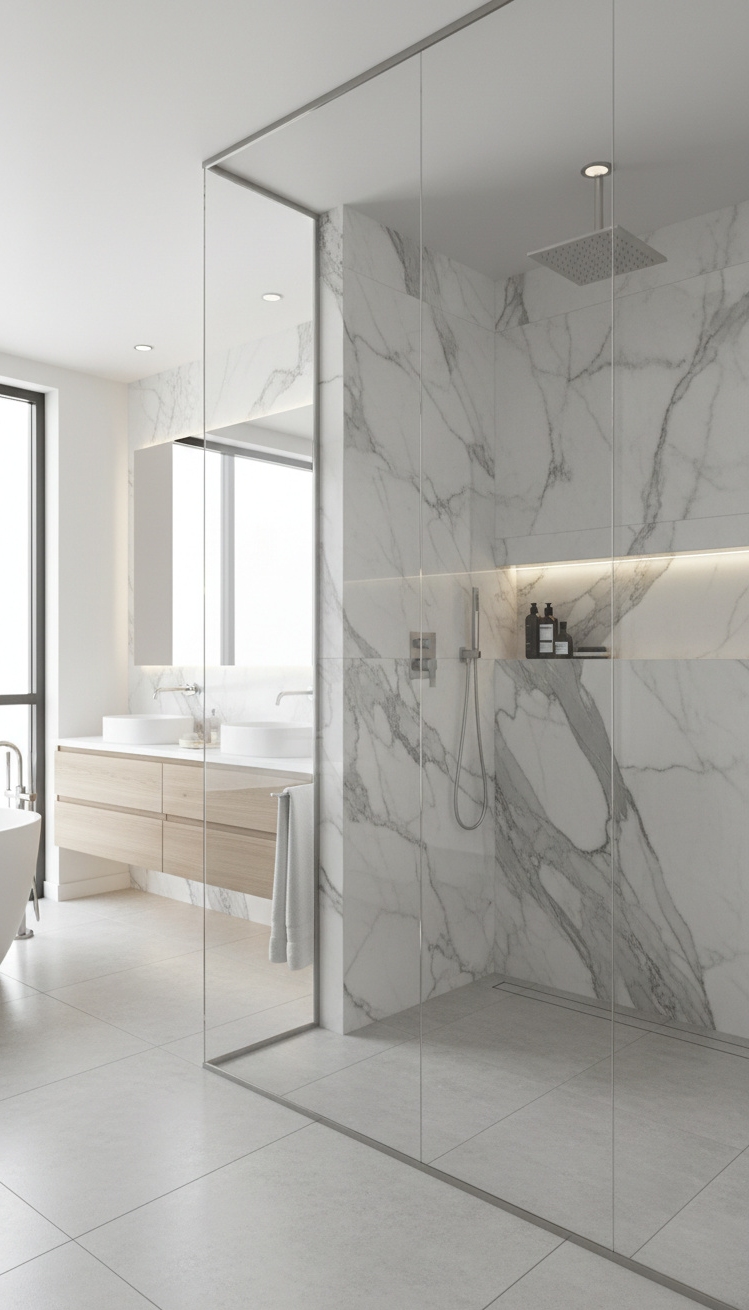 modern bathroom tiles - Marble-Look Tiles: Modern Bathroom Showstopper - These marble-look tiles create a serene backdrop in...