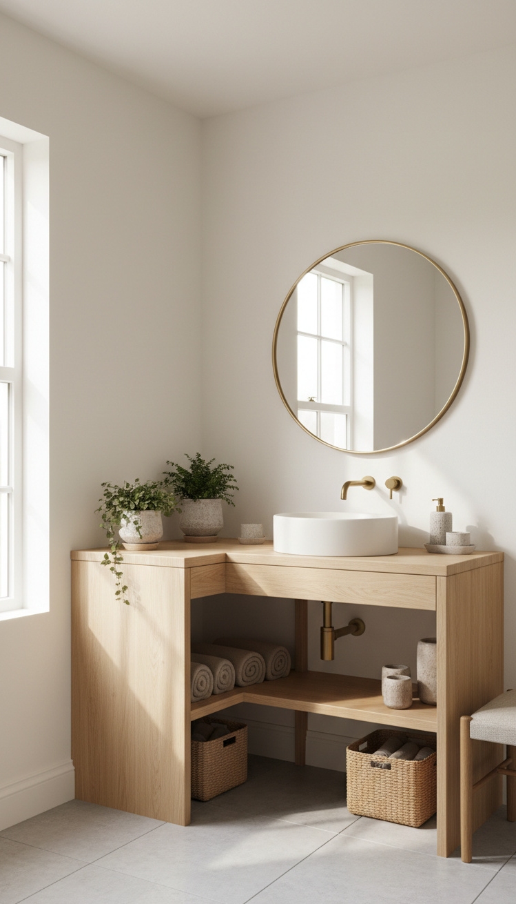 modern cottage vanity - Light Wood Vanity: Cottage Charm - The light wood vanity glows. It sits snugly...