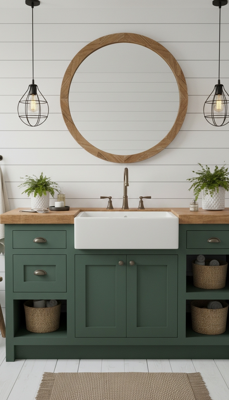 modern cottage vanity - Green Cabinets, Modern Cottage Vanity - These dark green cabinets ground the space. The...