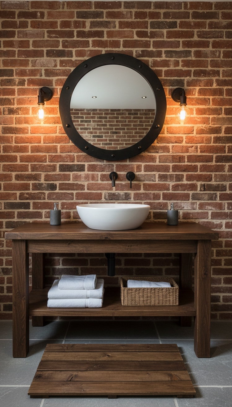 modern cottage vanity - Dark Wood Vanity: Cottage Charm - The dark wood vanity grounds the space with...