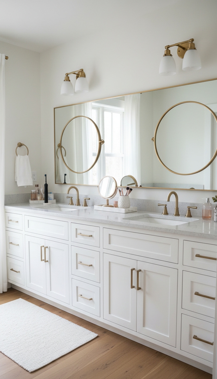 modern cottage vanity - White & Gold Cottage Vanity Design - The double vanity anchors this bathroom with its...
