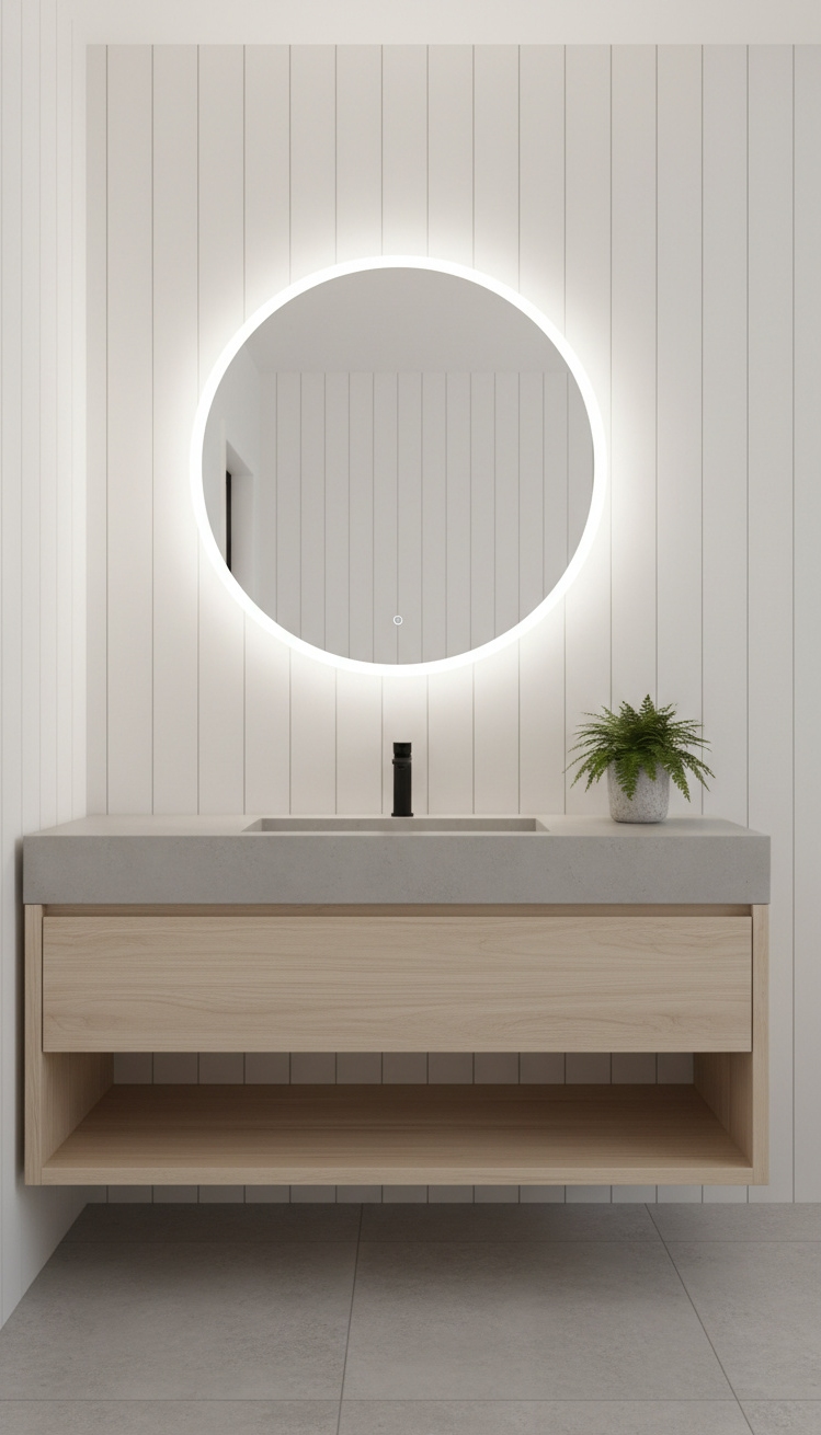 modern cottage vanity - Clean Lines: Modern Cottage Vanity - The floating vanity is the star here. Its...