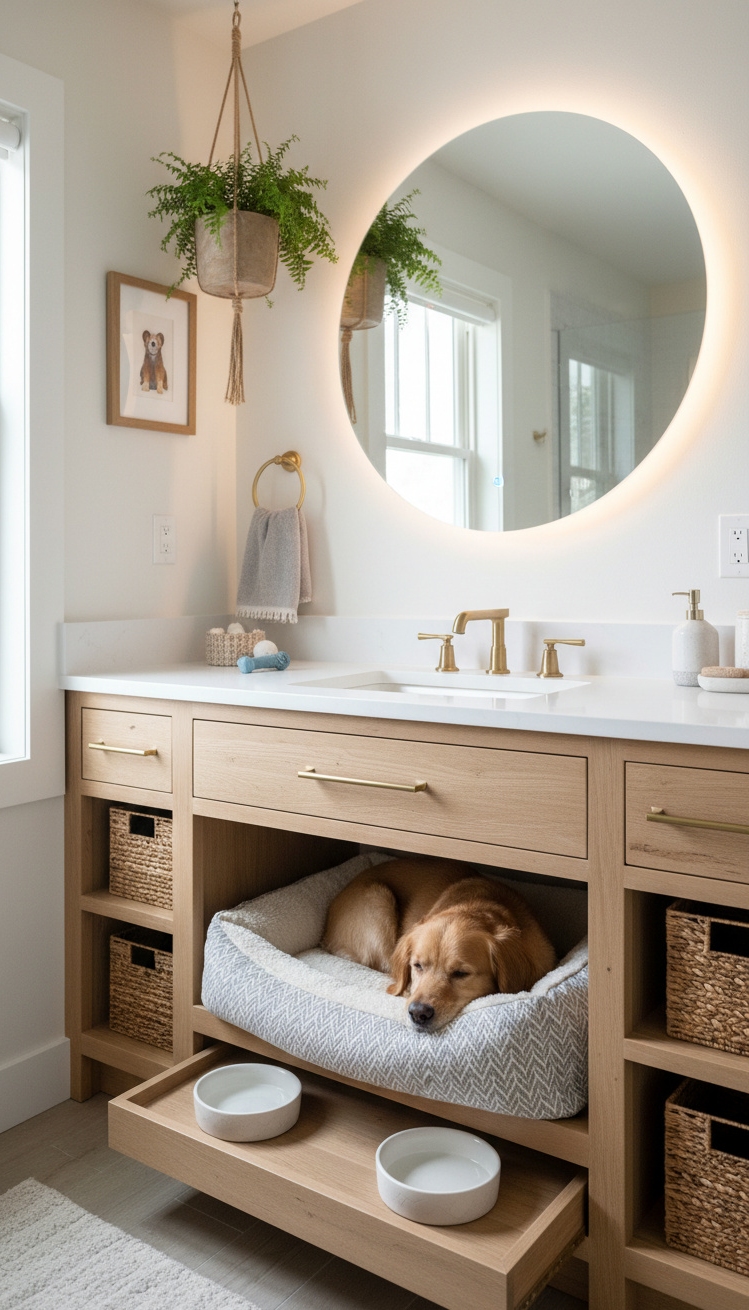 modern cottage vanity - Cottage Vanity: Style Meets Pet Comfort - These painted cabinets feel fresh, a light sage...