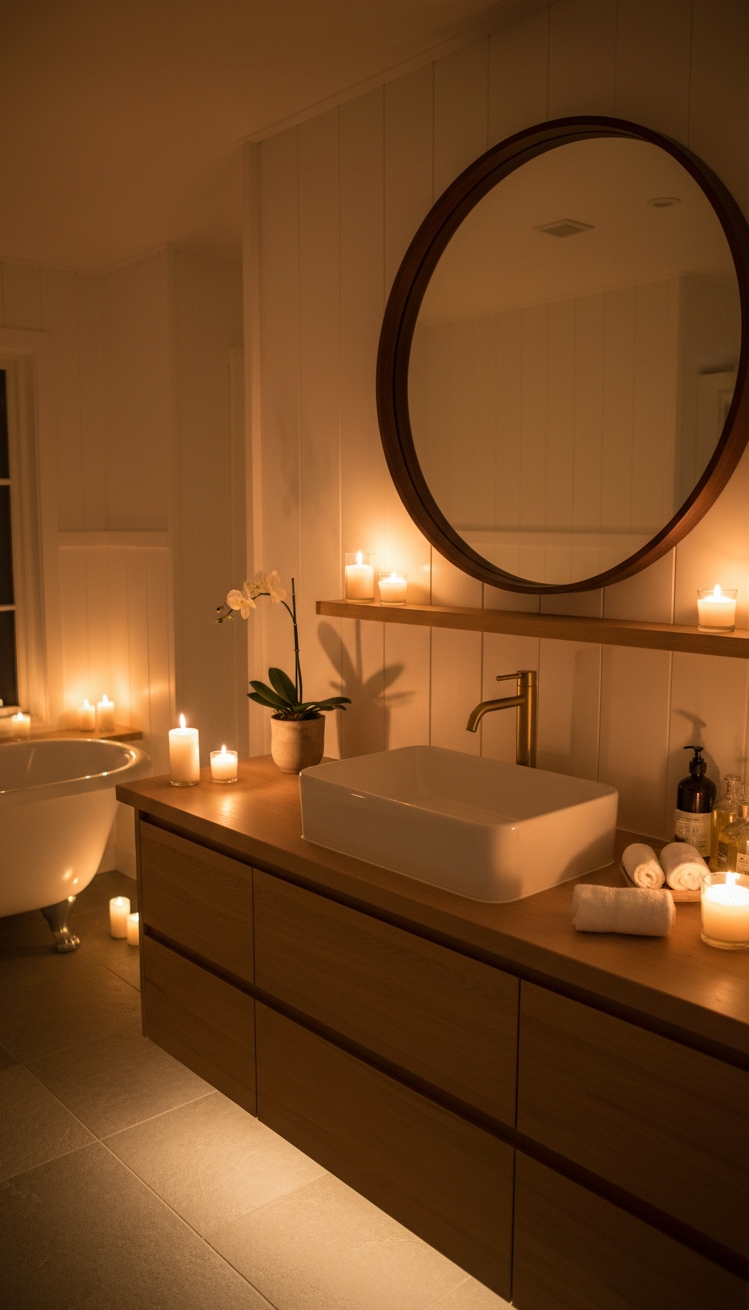 modern cottage vanity - Soft Light on Cottage Vanity - The vanity itself is the star, a blend...