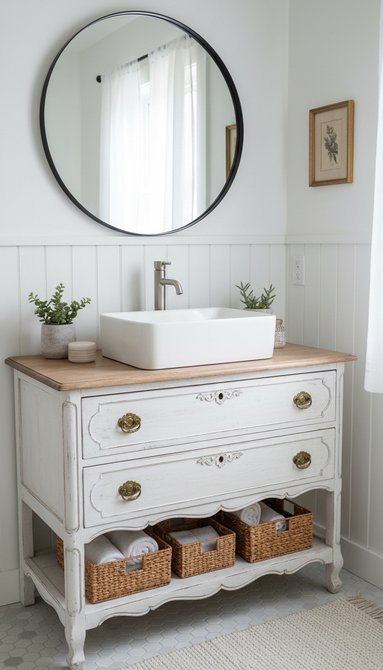 modern cottage vanity - White Dresser Vanity: Cottage Charm - The vanity is the star. Someone took an...