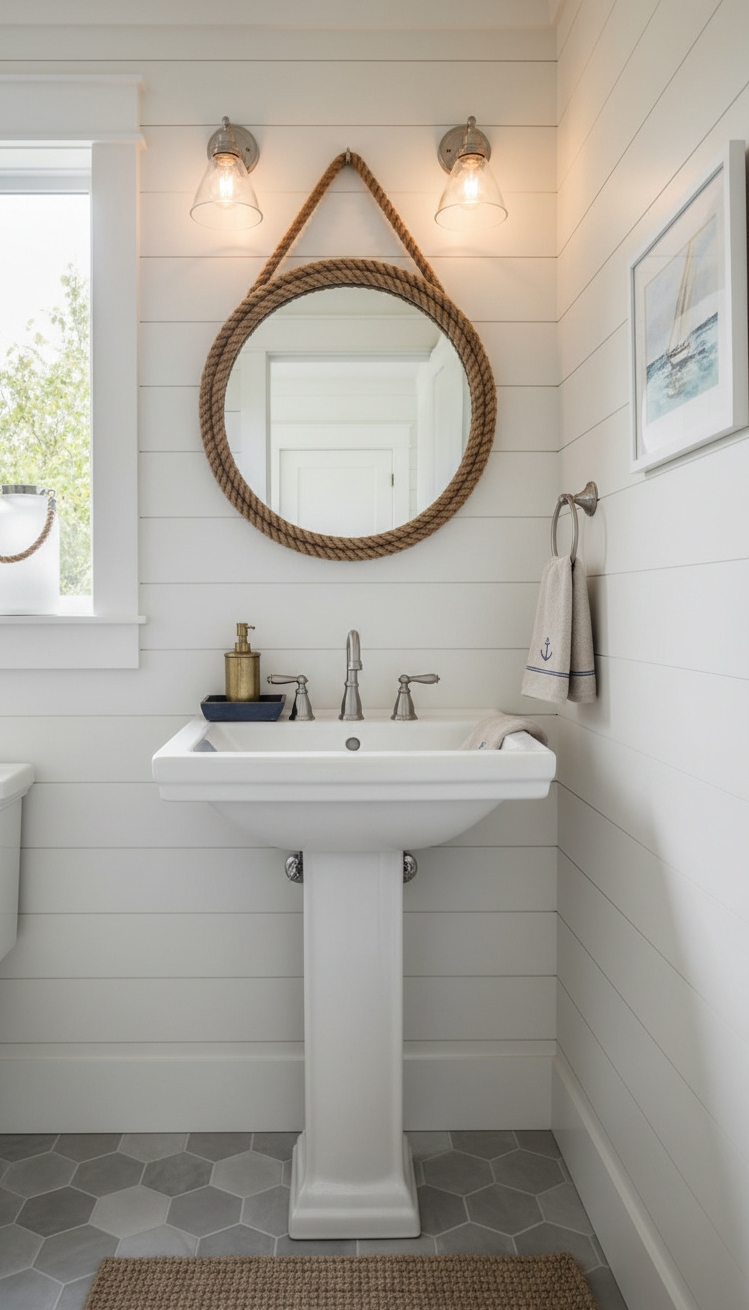 modern cottage vanity - Stylish Cottage Vanity Design Ideas - The pedestal sink stands out, a clean white...