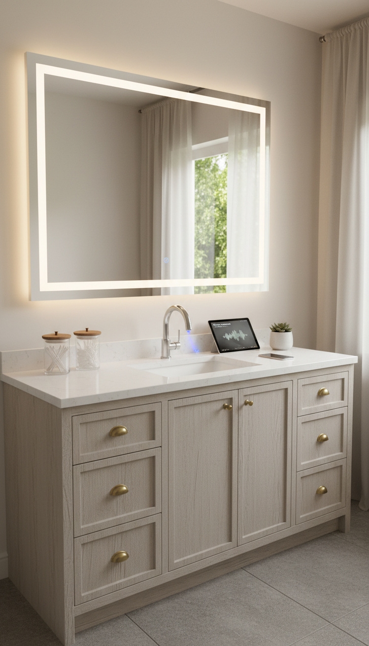 modern cottage vanity - Cottage Vanity: Modern Tech Touches - The vanity itself is a showstopper, blending rustic...