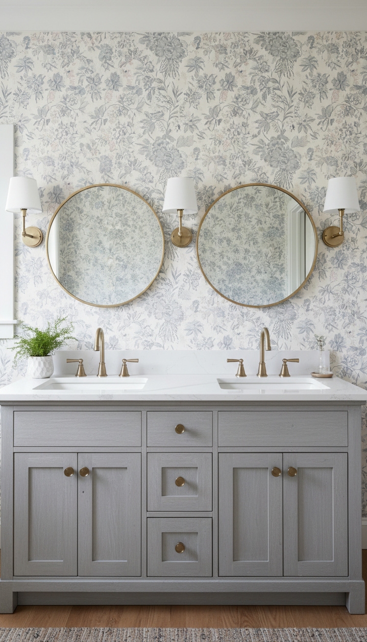 modern cottage vanity - Wallpapered Walls Meet Cottage Vanity - The vanity stands out, a soft color that...