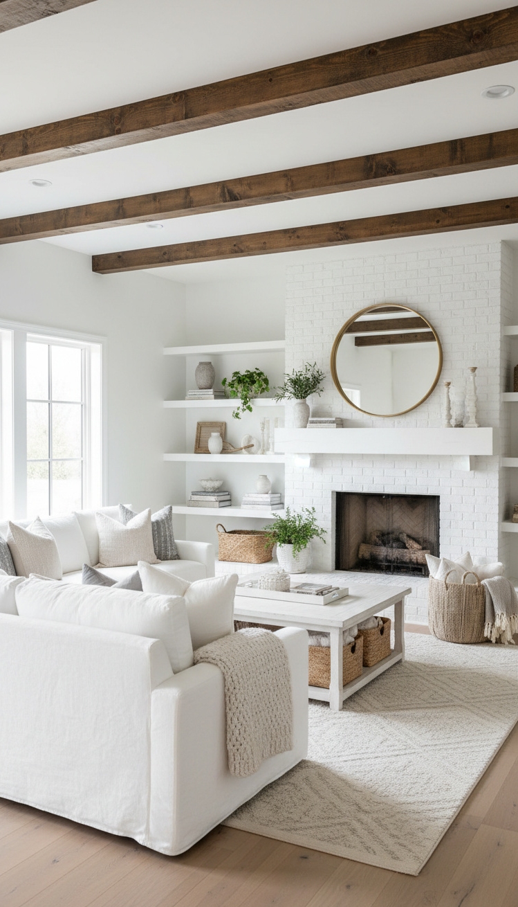 white living room - White Living Room: Farmhouse Style - These exposed wooden beams draw your eye upward,...