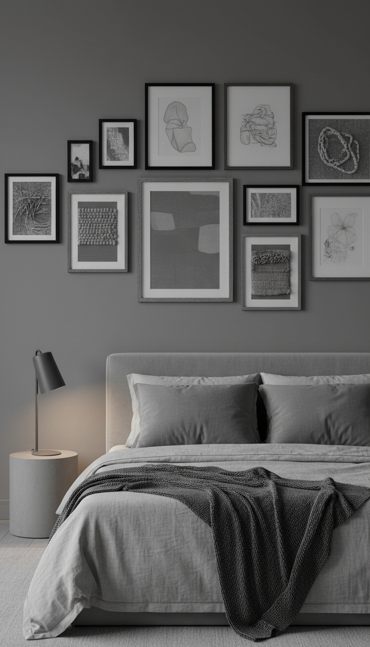 gallery wall bedroom ideas - Gray Walls Create Soothing Gallery Backdrop - These gray walls create a soothing backdrop. The...