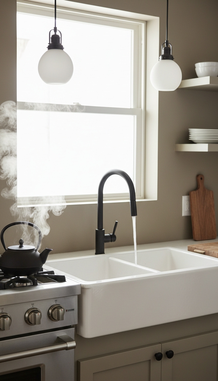 warm neutral kitchen - Warm Taupe Kitchen Glow - Farmhouse sink gleams white against neutral taupe walls...