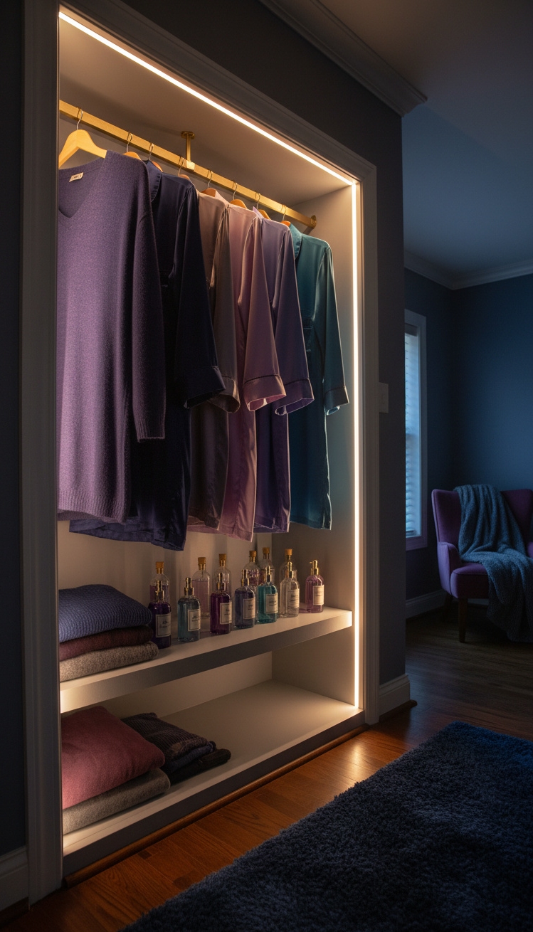 bedroom closet organization - Night Glow Closet Design - Silk pajamas drape from hooks, their smooth sheen...