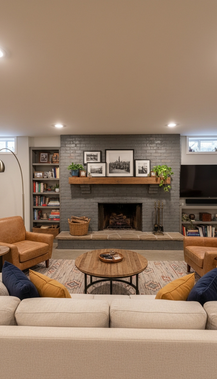 painted brick fireplace - Painted Brick Fireplace Design Ideas - painted brick fireplace - The painted brick fireplace anchors this basement living...