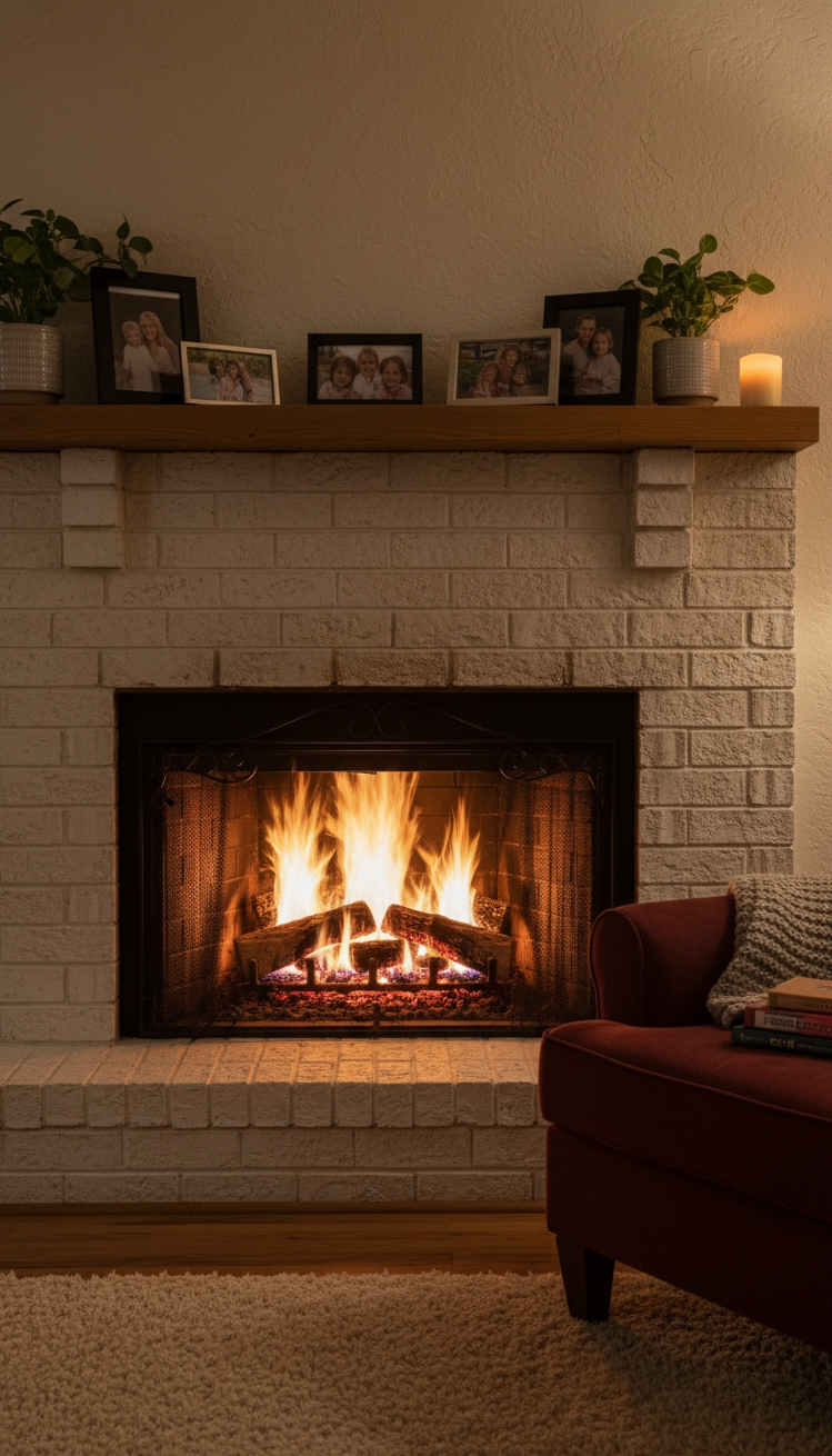 painted brick fireplace - Painted Brick Fireplace: Warm Design - The painted brick fireplace draws your eye right...
