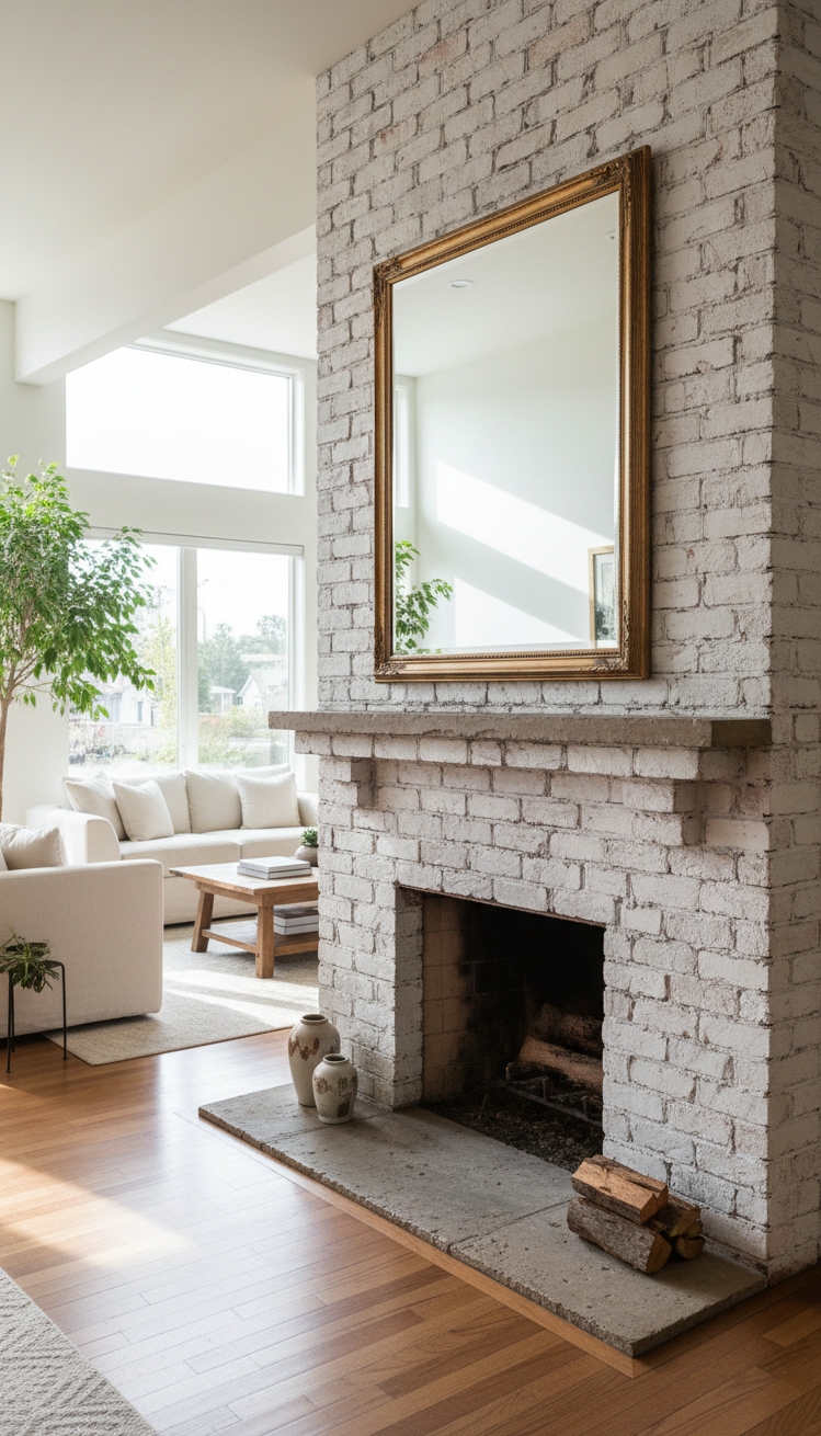 painted brick fireplace - Painted Brick Fireplace: Light and Reflection - The painted brick fireplace stands out, its smooth...
