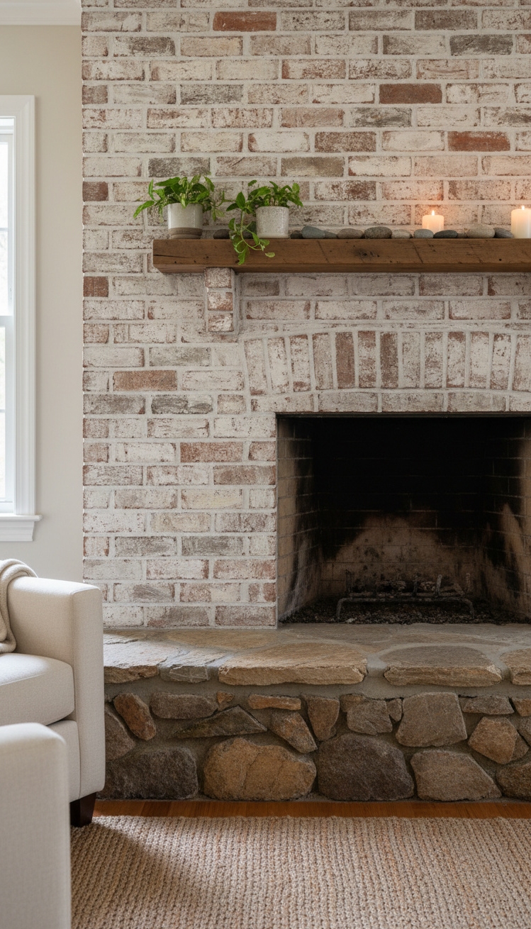 painted brick fireplace - Painted Brick Fireplace: Earthy Contrast - The painted brick fireplace stands out, its soft...