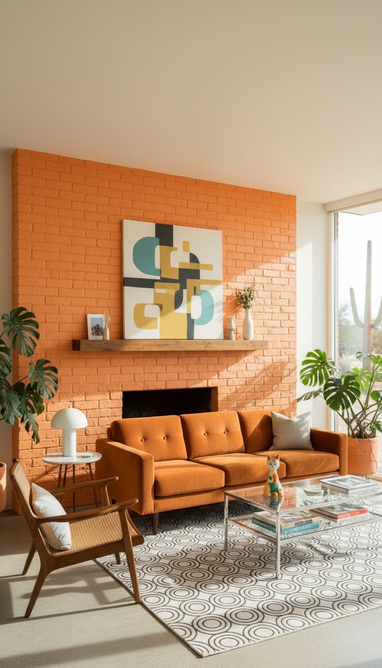 painted brick fireplace - Orange Brick Fireplace: Retro Design - These painted brick fireplaces bring a jolt of...