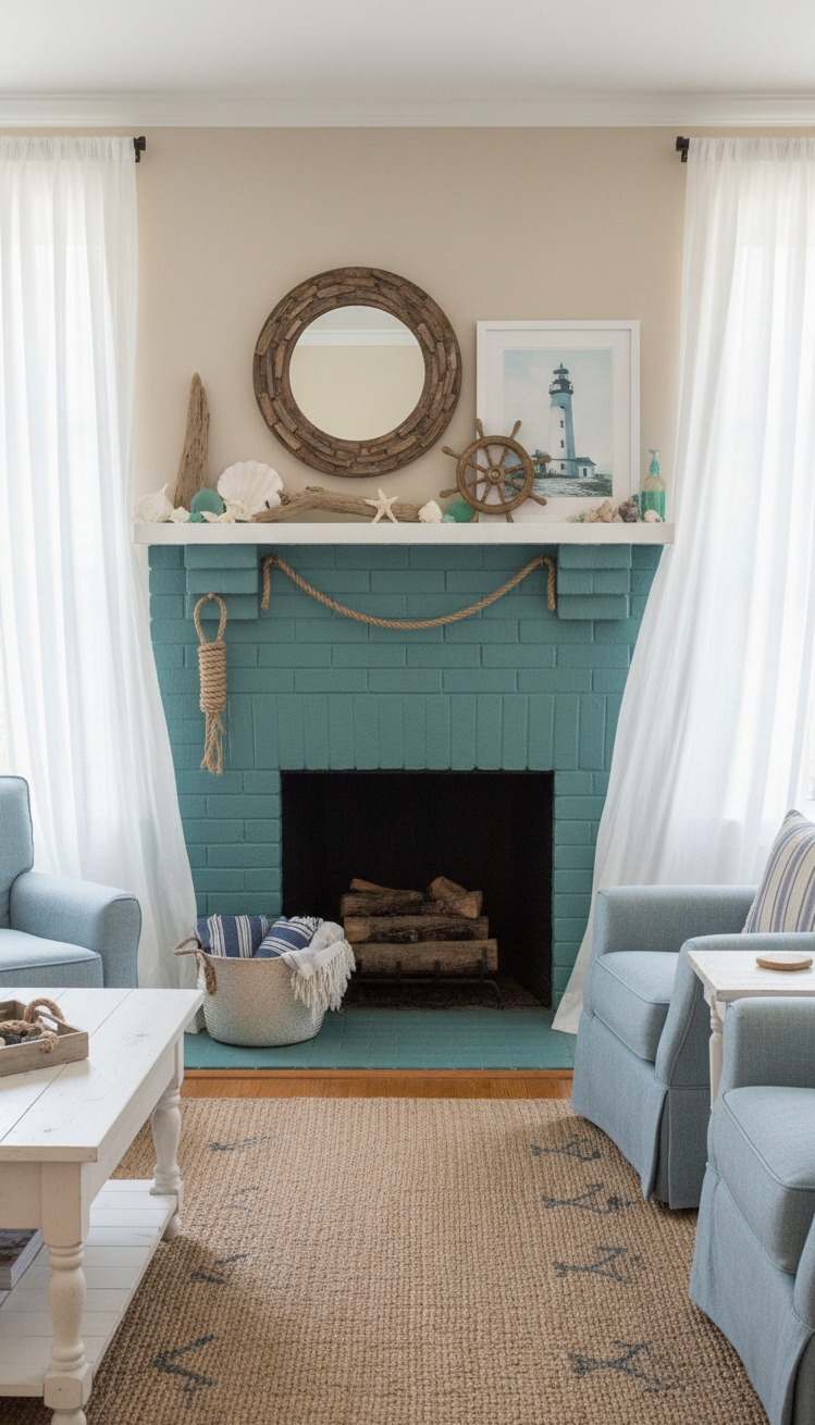painted brick fireplace - Teal Brick Fireplace: Coastal Charm - The teal brick fireplace grabs your attention right...
