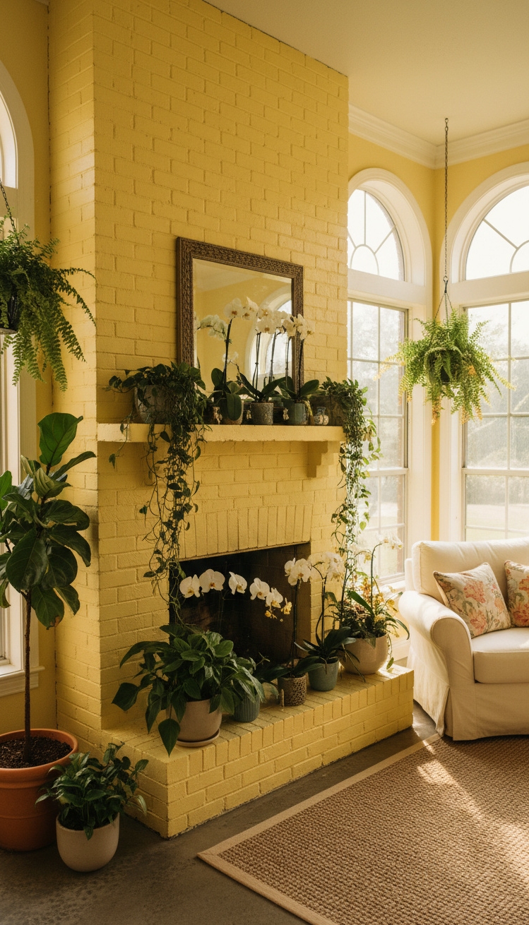 painted brick fireplace - Painted Brick Fireplace: Cheerful Color - The painted brick fireplace stands out, coated in...
