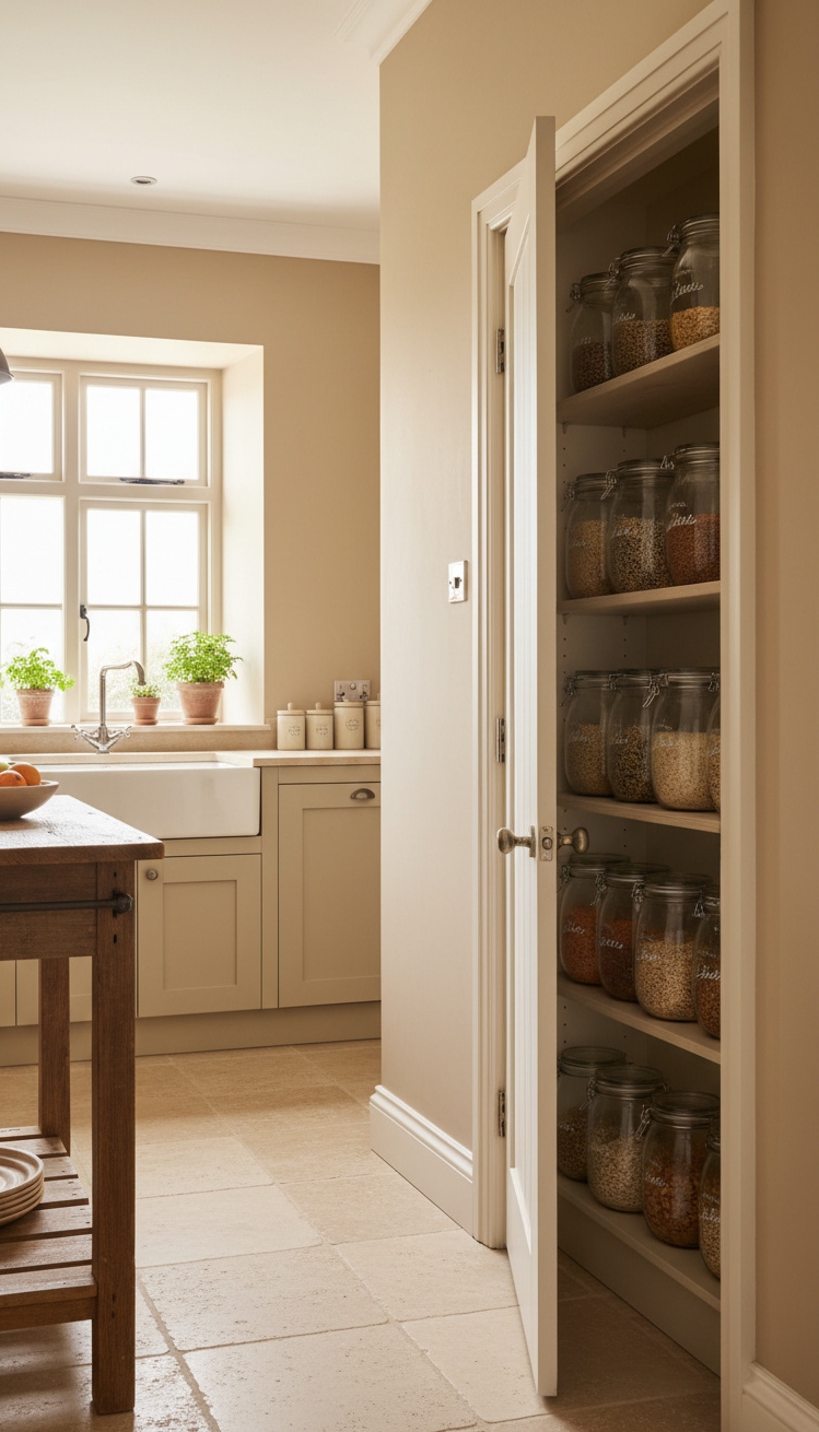 warm neutral kitchen - Soft Beige Pantry Door Ajar - The pantry door hangs ajar, spilling out neat...