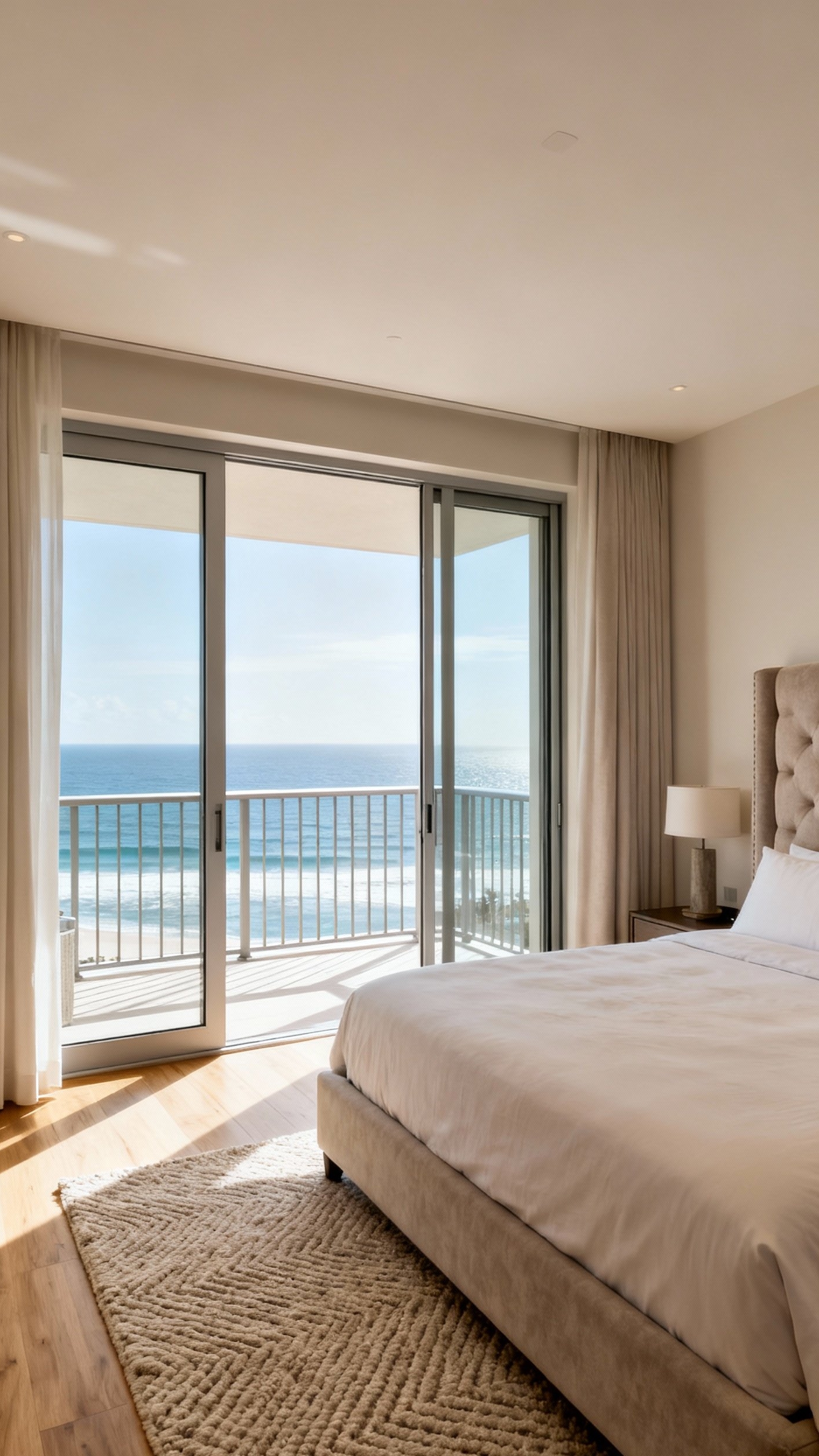 luxury penthouse bedroom - Sliding Glass Doors Invite Bedroom In - These sliding glass doors invite the outside in,...