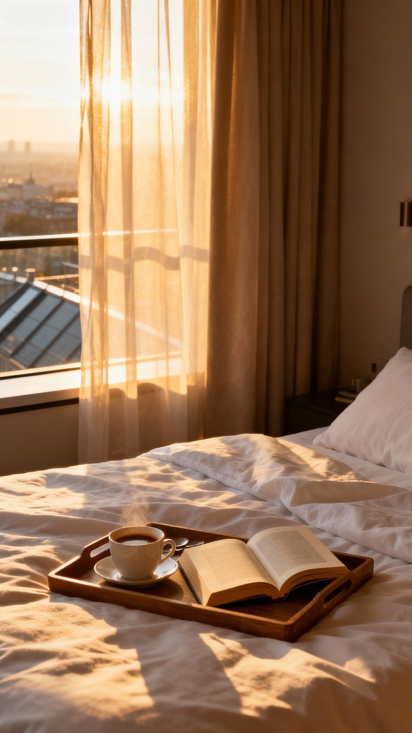 luxury penthouse bedroom - Linen Drapes Filter Morning Light - These linen drapes filter the morning light, turning...