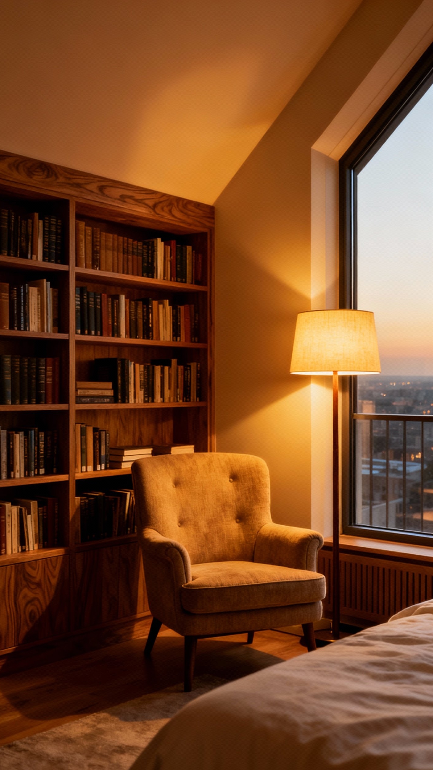 luxury penthouse bedroom - Bookshelves Create a Comforting Bedroom Backdrop - These bookshelves, filled with hardbacks, create a backdrop...