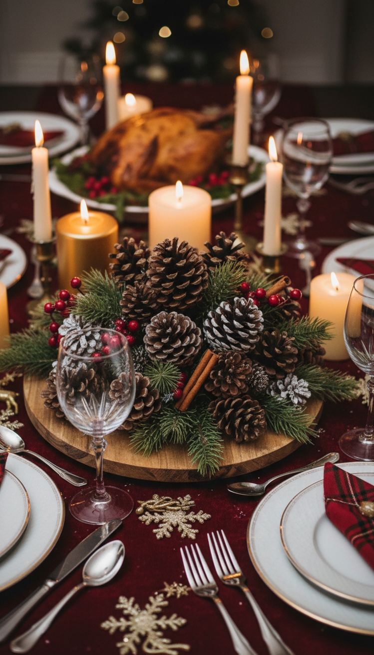 pine cone christmas decorations - Pine Cone Christmas Design Ideas - pine cone christmas decorations - The pine cone centerpiece anchors this Christmas table....