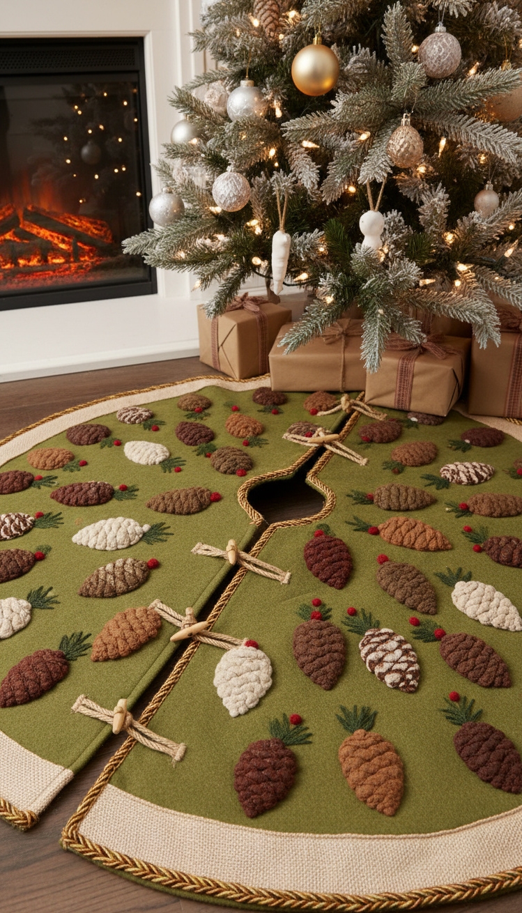 pine cone christmas decorations - Pine Cone Christmas Decor Design - The Christmas tree skirt features a warm, earthy...