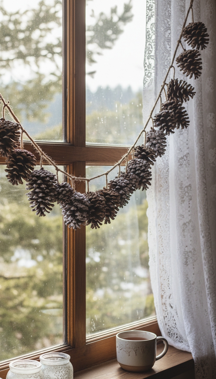 pine cone christmas decorations - Pine Cone Decorations: Natural Window Art - The pine cone garland brings a touch of...