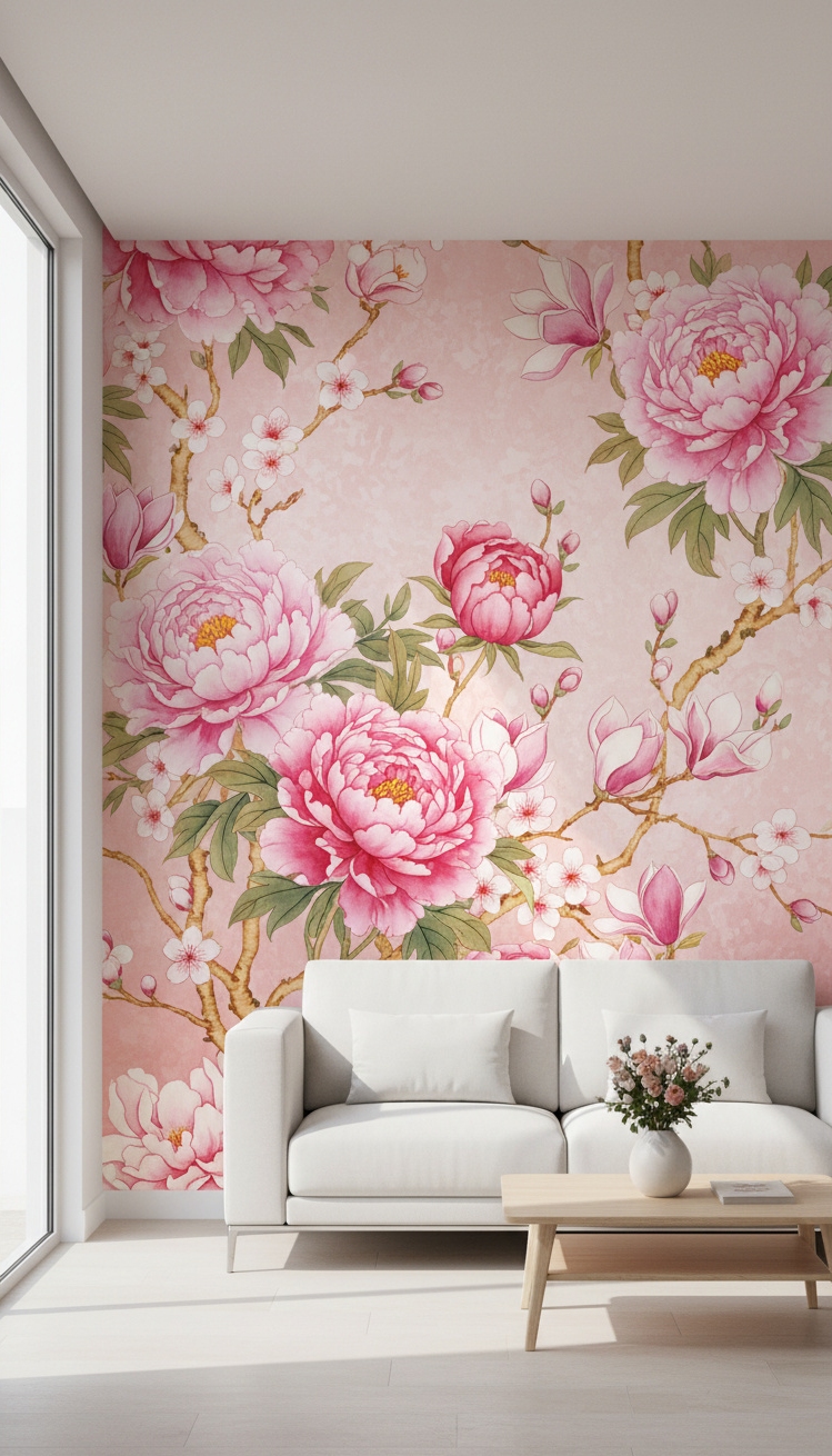 pink wallpaper for bedroom - Soft Pinks Set a Floral Tone - This pink floral mural sets the tone. The...