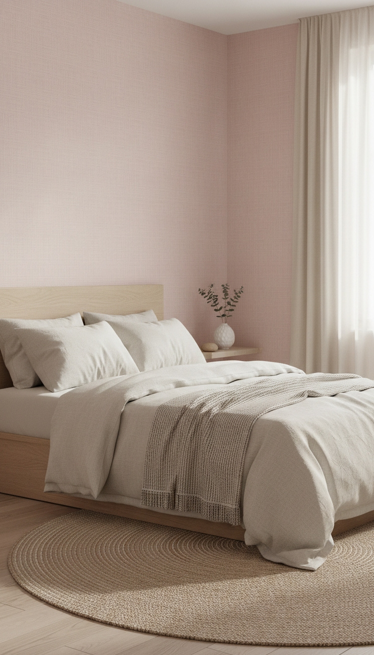 pink wallpaper for bedroom - Pink Walls Whisper Bedroom Calm - These pink walls whisper calm. The textured wallpaper...