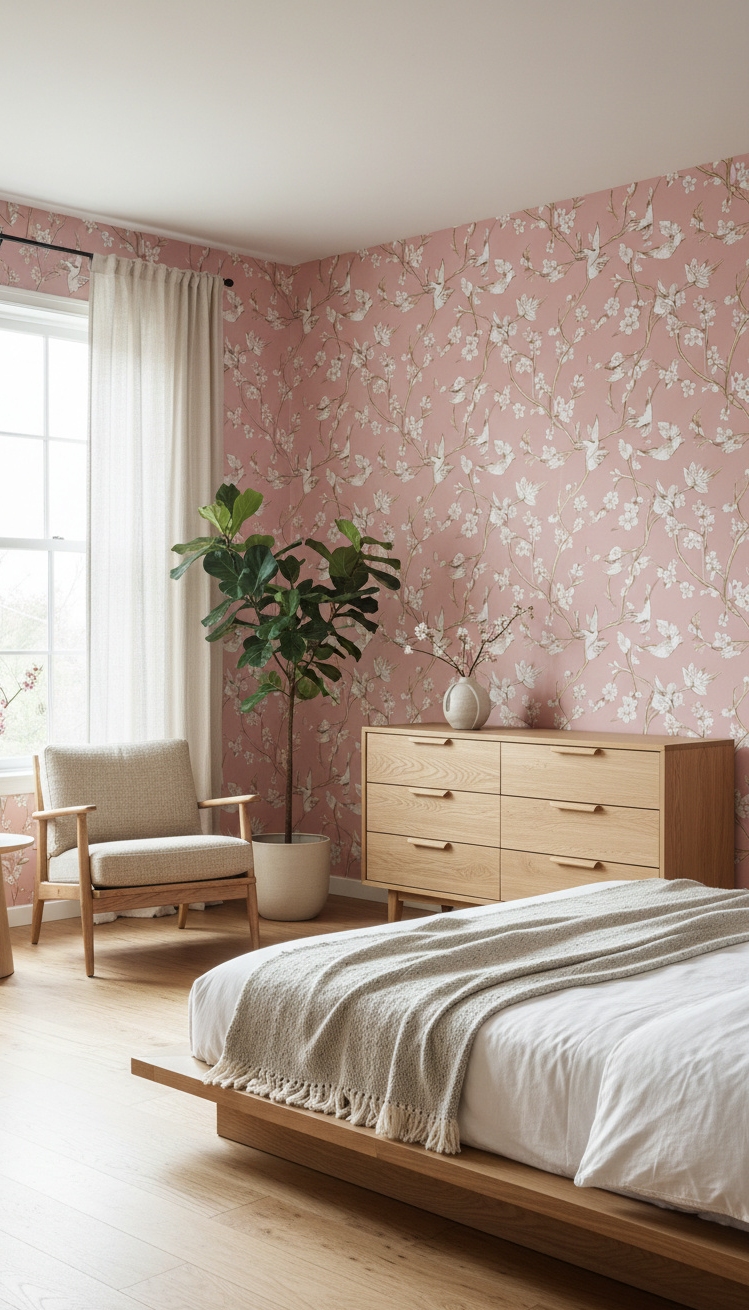 pink wallpaper for bedroom - Pink Walls: Delicate Bird Pattern - These pink walls sing with a delicate bird...