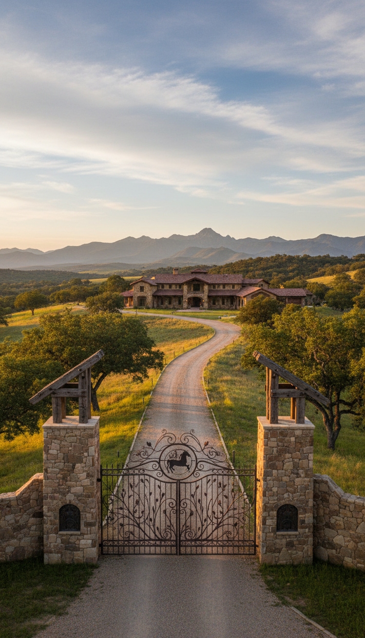 ranch mansion - Stone Pillars Flanking Ranch Entrance - These stone pillars stand tall, flanking the entrance....