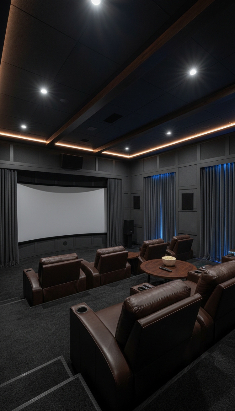 ranch mansion - Dark Walls Create Home Theater Cocoon - These dark walls create a cocoon. The home...