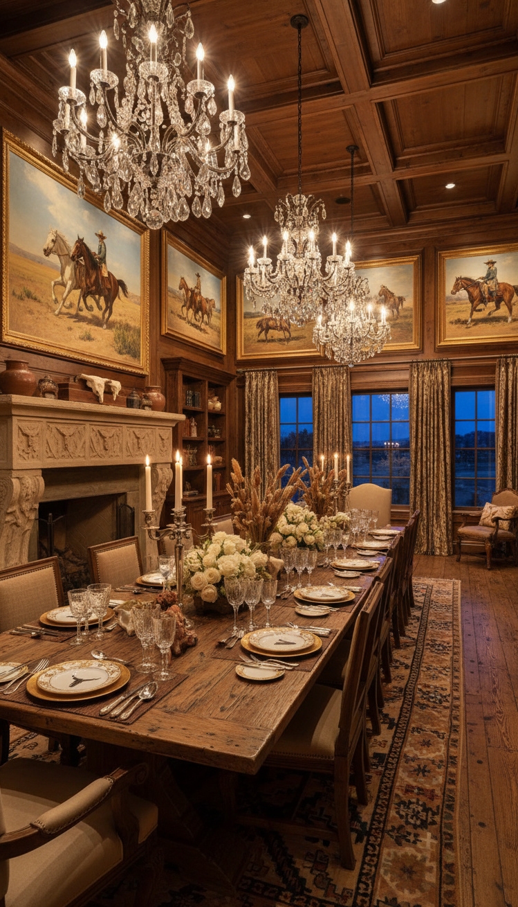 ranch mansion - Long Wooden Table Commands Attention - The long wooden table commands attention, polished to...